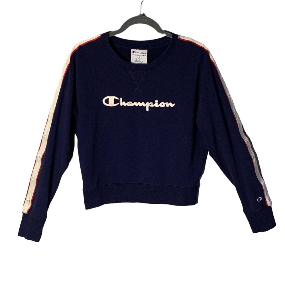 Champion Cropped Sweatshirt S WOMENS Blue Cotton Blend Pullover Embroidered Logo
